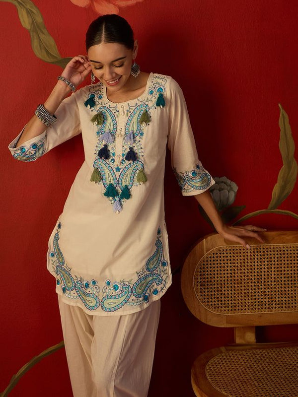 White Floral Embroidered Tunic With Farshi Salwar  Co-Ords Set