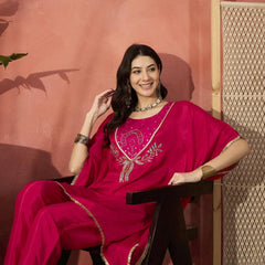 Floral Embroidered Round Neck Kaftan Kurta Set