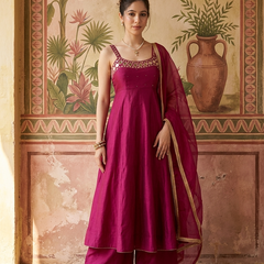 Maroon Mirror Work Sholder Strap Kurta With Trouser & Dupatta