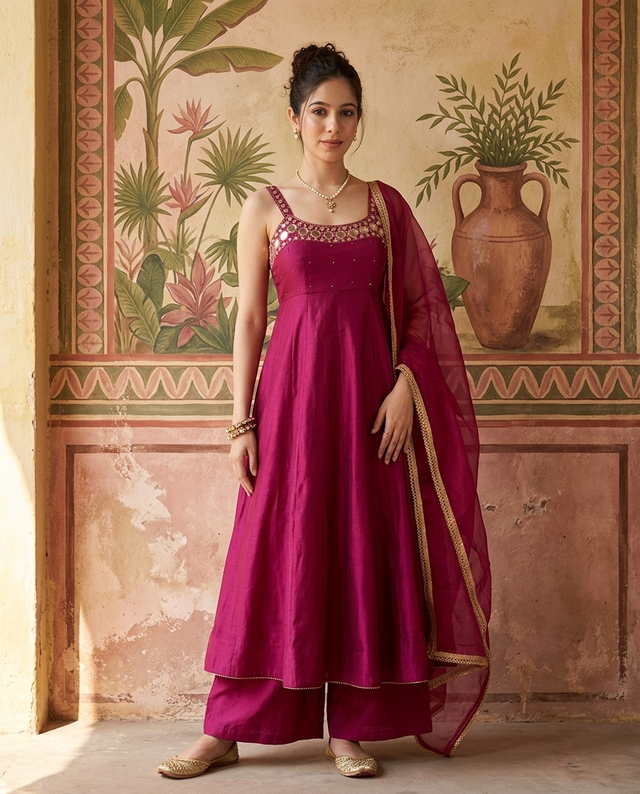 Maroon Mirror Work Sholder Strap Kurta With Trouser & Dupatta