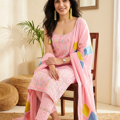 Pure Cotton Embroidered Sholder Strap Kurta With Pant & Dupatta Kurta Set