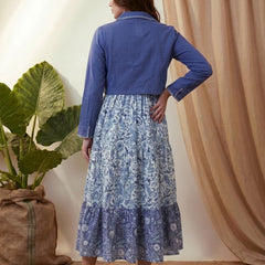 Indigo Blue Floral Printed Tired Anarkali Kurta With Jacket