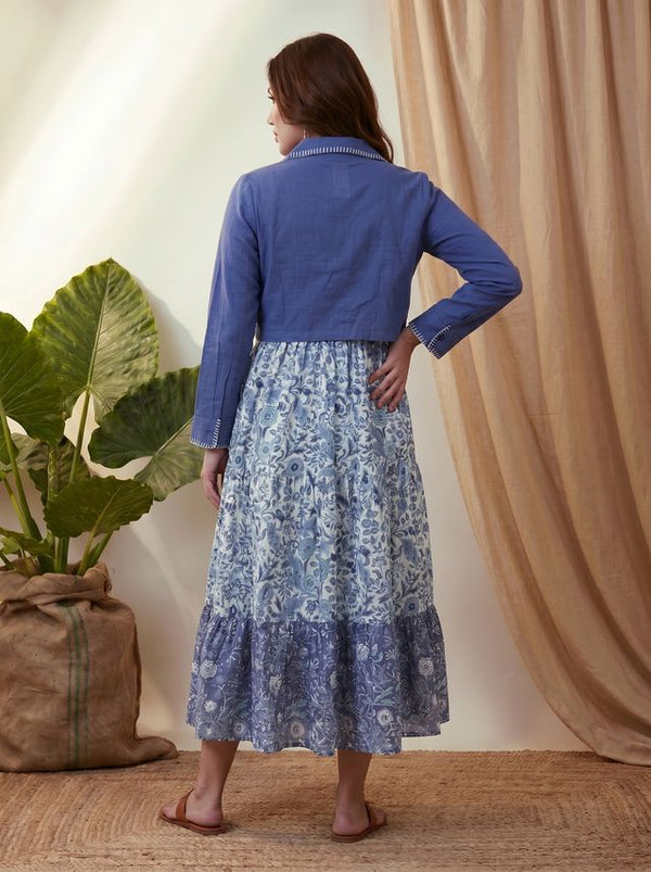 Indigo Blue Floral Printed Tired Anarkali Kurta With Jacket
