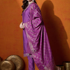 Purple Floral Embroidered V-Neck Straight Kurta With Trouser And Dupatta