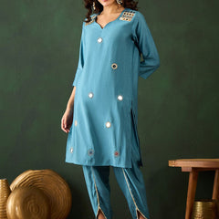 Black Floral Embroidered Mirror Work Straight Kurta With Dhoti Pants