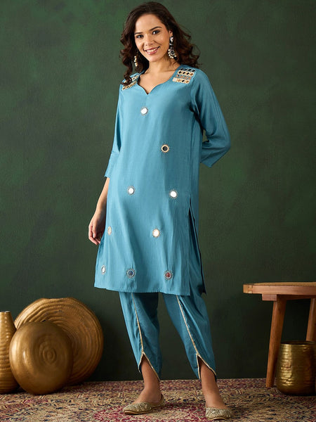 Black Floral Embroidered Mirror Work Straight Kurta With Dhoti Pants