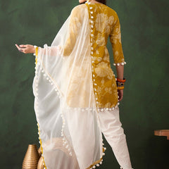 Floral Printed Mirror Work Pure Cotton Kurta With Dhoti Pant & Dupatta