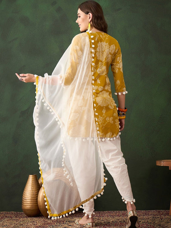 Floral Printed Mirror Work Pure Cotton Kurta With Dhoti Pant & Dupatta