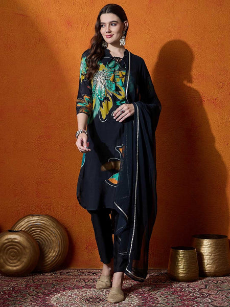 Floral Embroidered Sequinned Kurta With Trouser And Dupatta