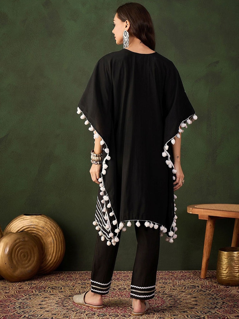Black Geometric Embroidered Mirror Work Roman Silk Kurta With Trouser