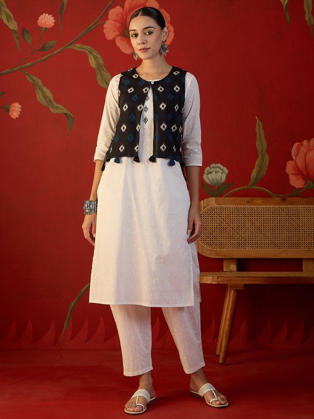 Off White Ethnic Motif Print Straight Kurta With Jacket & Trouser