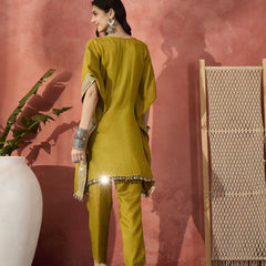 Green Embroidered Gotta Patti Notch Neck Pure Silk  Kaftan Tunic With Trousers