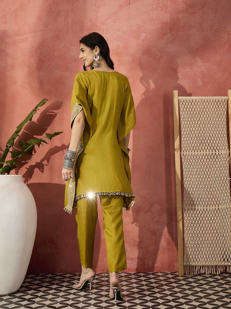 Green Embroidered Gotta Patti Notch Neck Pure Silk  Kaftan Tunic With Trousers