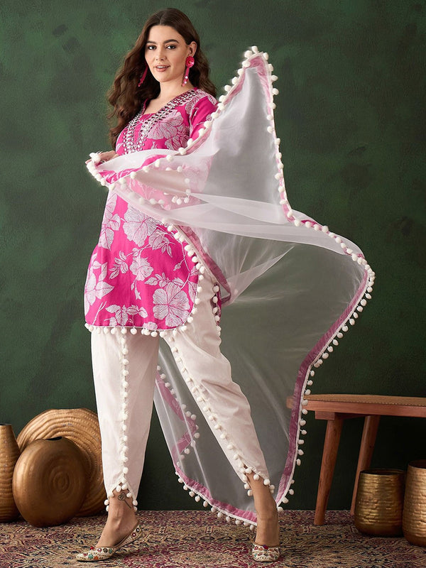 Pink Floral Printed Mirror Work Straight Kurti With Dhoti Pants & Dupatta