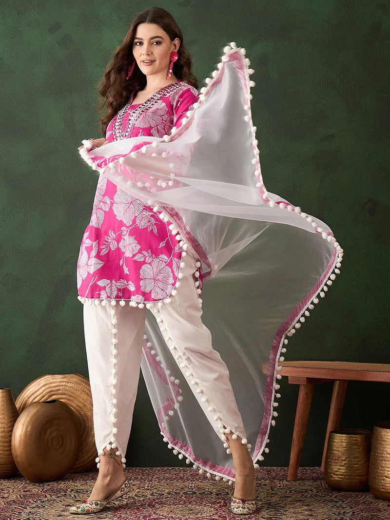 Floral Printed Mirror Work Pure Cotton Kurta With Dhoti Pant & Dupatta