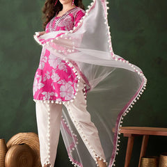 Floral Printed Mirror Work Pure Cotton Kurta With Dhoti Pant & Dupatta