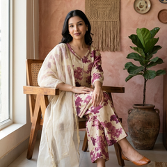 Floral Print & Embroidered  Straight Kurta With Trousers & Dupatta