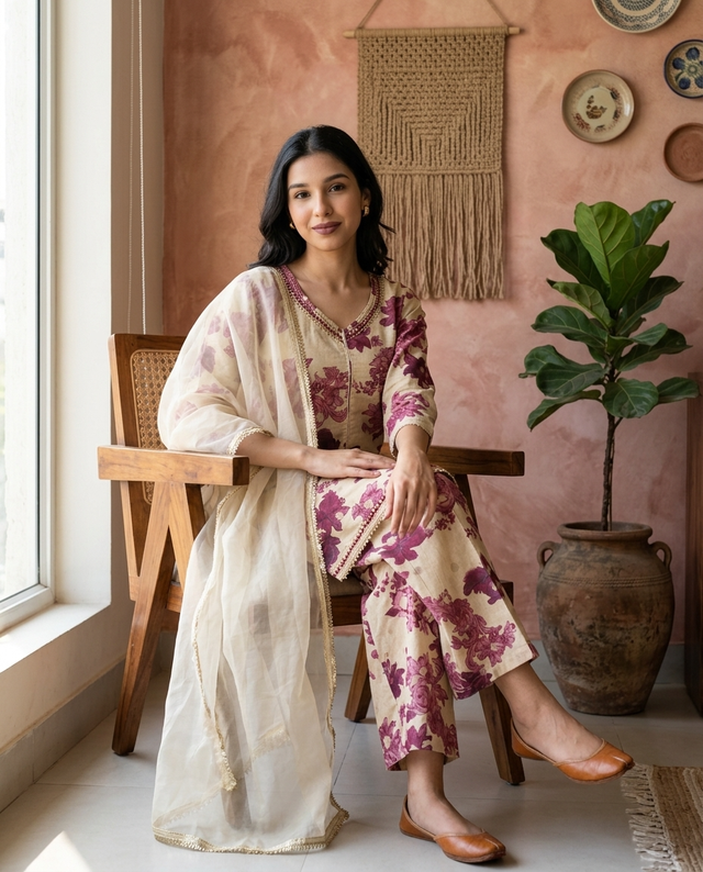 Floral Print & Embroidered  Straight Kurta With Trousers & Dupatta