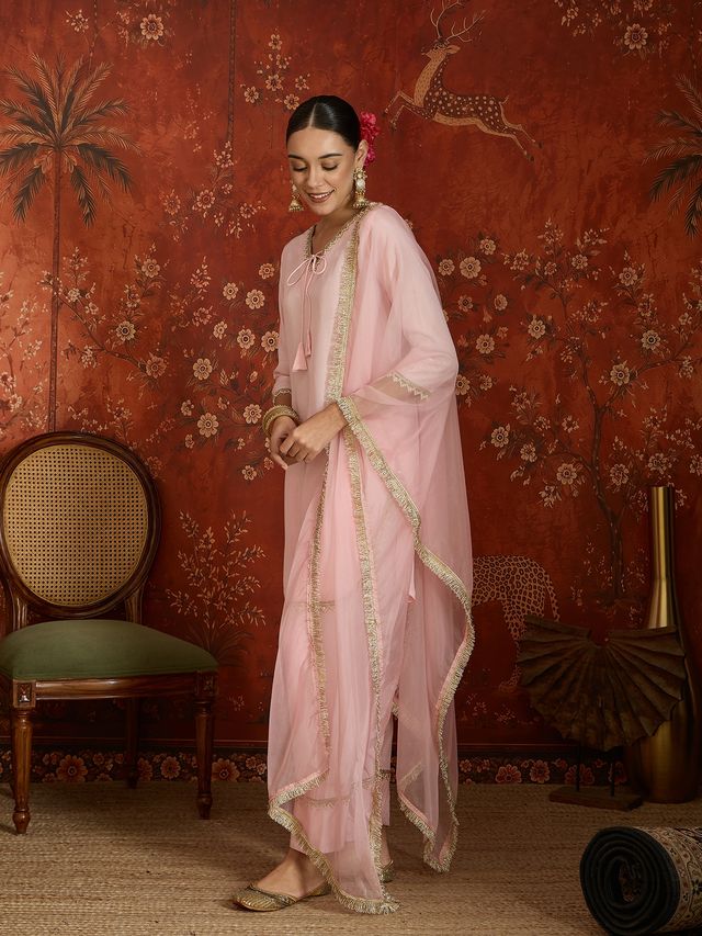Pink Embroidered Straight Kurta With Farsi Salwar & Dupatta