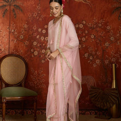 Pink Embroidered Straight Kurta With Farsi Salwar & Dupatta