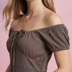 Brown Off-Shoulder A-Line Midi Dress
