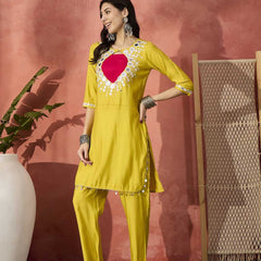 Embellished Round Neck Mirror Work Tunic With Trouser
