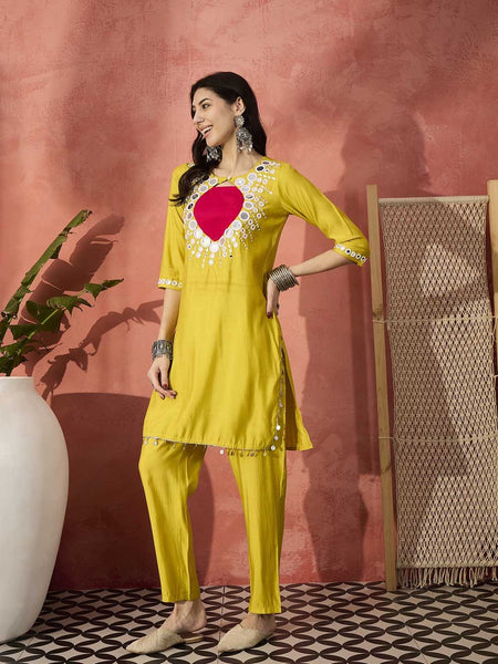 Embellished Round Neck Mirror Work Tunic With Trouser