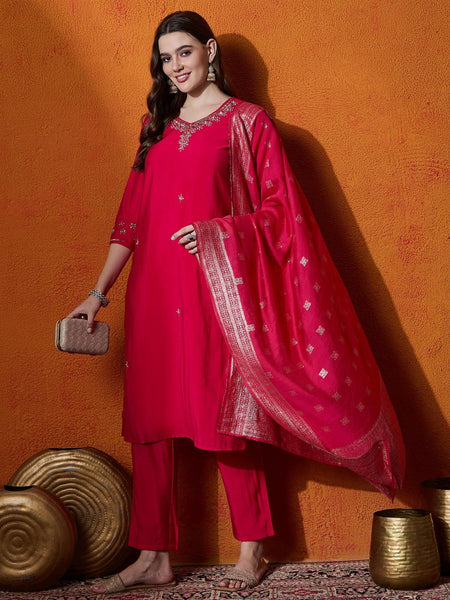 Floral Embroidered Kurta With Trousers And Dupatta