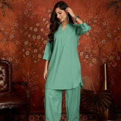 Elaichi Green Mandarin Collar Pure Cotton Tunic With Trousers Kurta Set