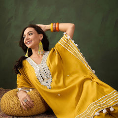 Yellow Geometric Embroidered Mirror Work Roman Silk Kurta With Trouser