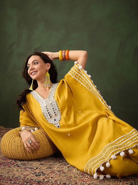 Yellow Geometric Embroidered Mirror Work Roman Silk Kurta With Trouser