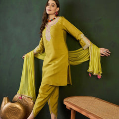 Green Embroidered Mirror Work Round Neck Straight Kurta With Dhoti Pants & Dupatta