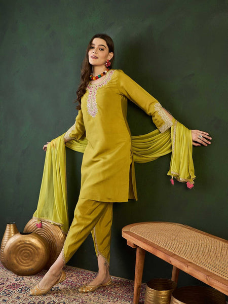 Green Embroidered Mirror Work Round Neck Straight Kurta With Dhoti Pants & Dupatta
