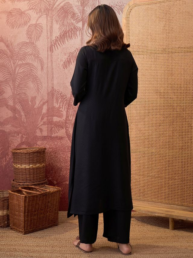Black Floral Embroidered  A-Line Kurta With Trouser Kurta Set