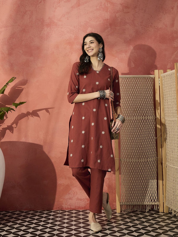 Floral Embroidered V-Neck Straight Pure Cotton Kurta With Trousers Plus Size Kurta Set