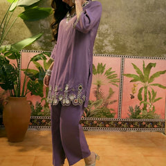 Purple Embroidered & Mirror Work Straight Tunic  With Trousers Co-Ords Set