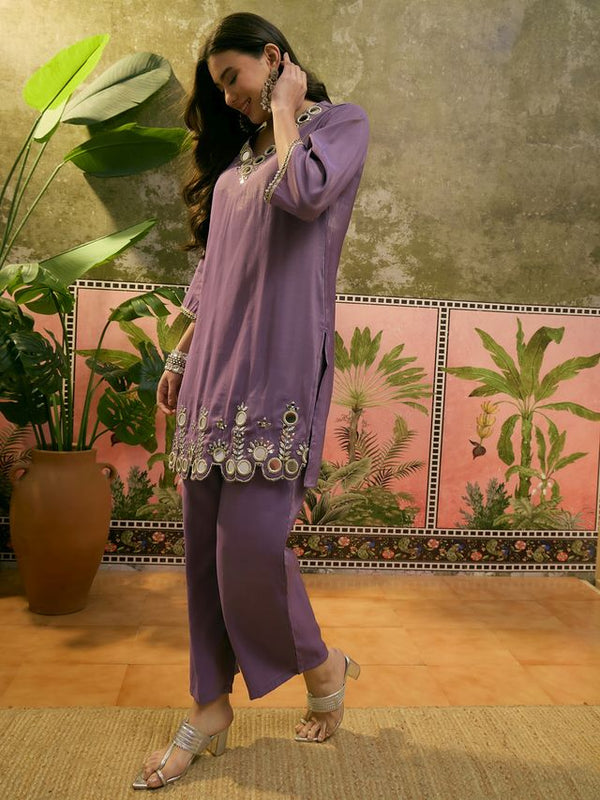 Purple Embroidered & Mirror Work Straight Tunic  With Trousers Co-Ords Set