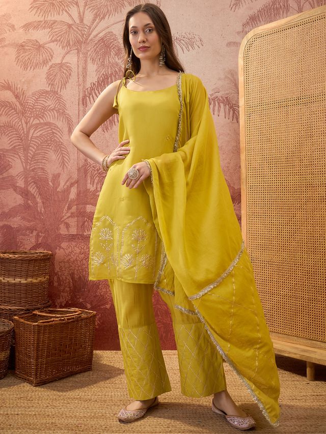 Parrot Green Gota Work  Shoulder Straps Straight Kurta With Trouser Kurta Set