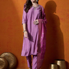 Purple Embroidered V-Neck Straight Kurta With Trousers And Dupatta