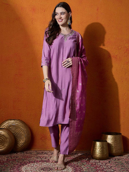 Purple Embroidered V-Neck Straight Kurta With Trousers And Dupatta