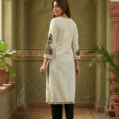 Off White Floral Printed Straight Kurtas