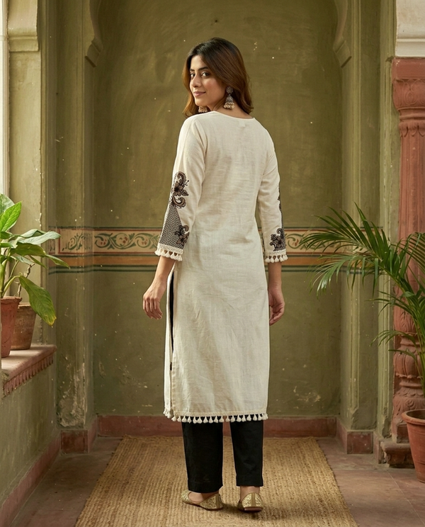 Off White Floral Printed Straight Kurtas