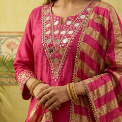 Floral Embroidered & Mirror Work Straight Kurta With & Farsi Salwar & Dupatta