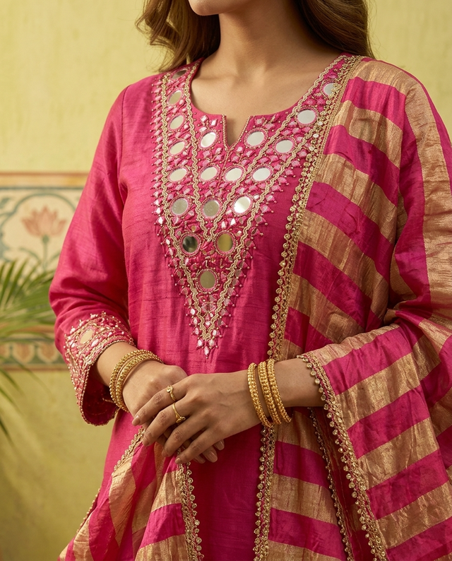 Floral Embroidered & Mirror Work Straight Kurta With & Farsi Salwar & Dupatta