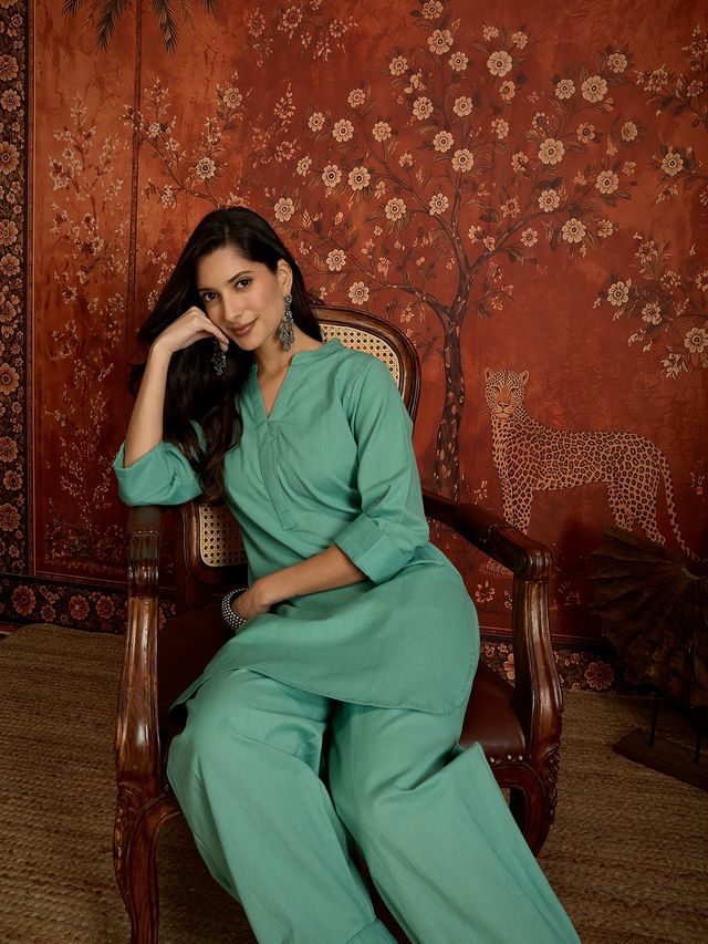 Elaichi Green Mandarin Collar Pure Cotton Tunic With Trousers Kurta Set