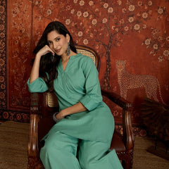 Elaichi Green Mandarin Collar Pure Cotton Tunic With Trousers Kurta Set