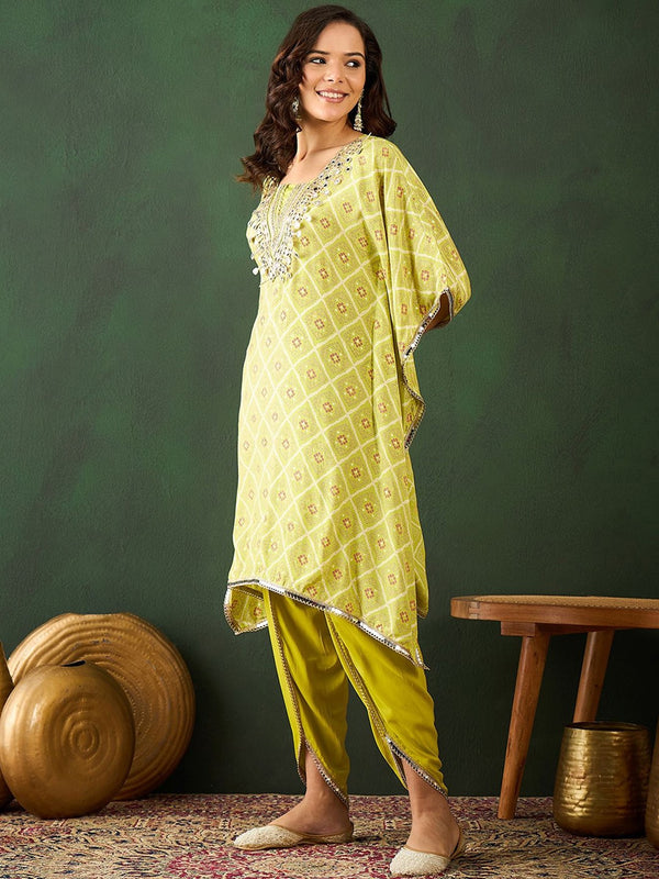 Bandhani Printed Gotta Patti Asymmetric Kaftan With Dhoti Pant