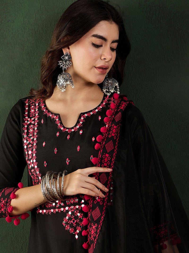 Floral Printed Mirror Work Pure Cotton Kurta With Dhoti Pant & Dupatta