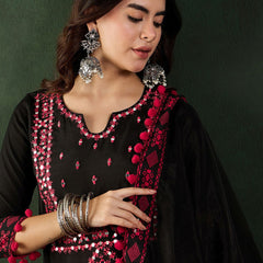 Floral Printed Mirror Work Pure Cotton Kurta With Dhoti Pant & Dupatta