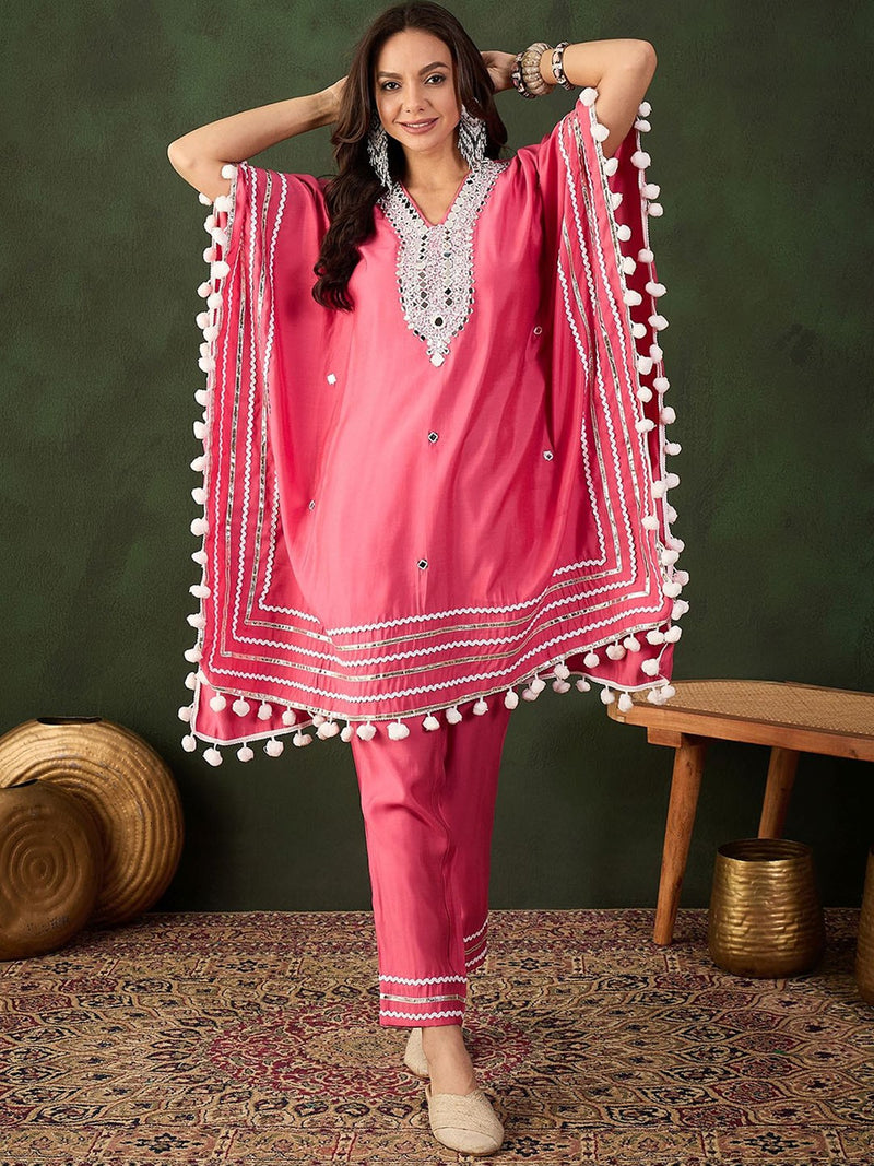 Geometric Embroidered & Mirror Work Kaftan Kurta With Trouser